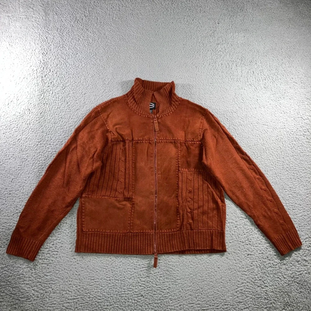 Vtg Leather Patchwork Sweater Mens L Rust Orange Knit‎ Two Way Zip Mock Neck y2k